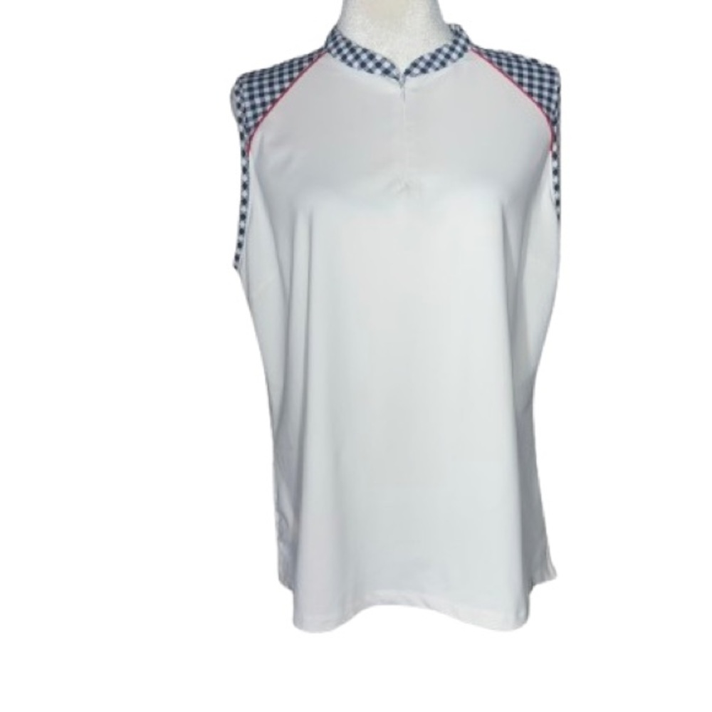 Lady Hagen White Sleeveless 1/4 Zip Top with Navy Gingham Trim and Red Piping XL